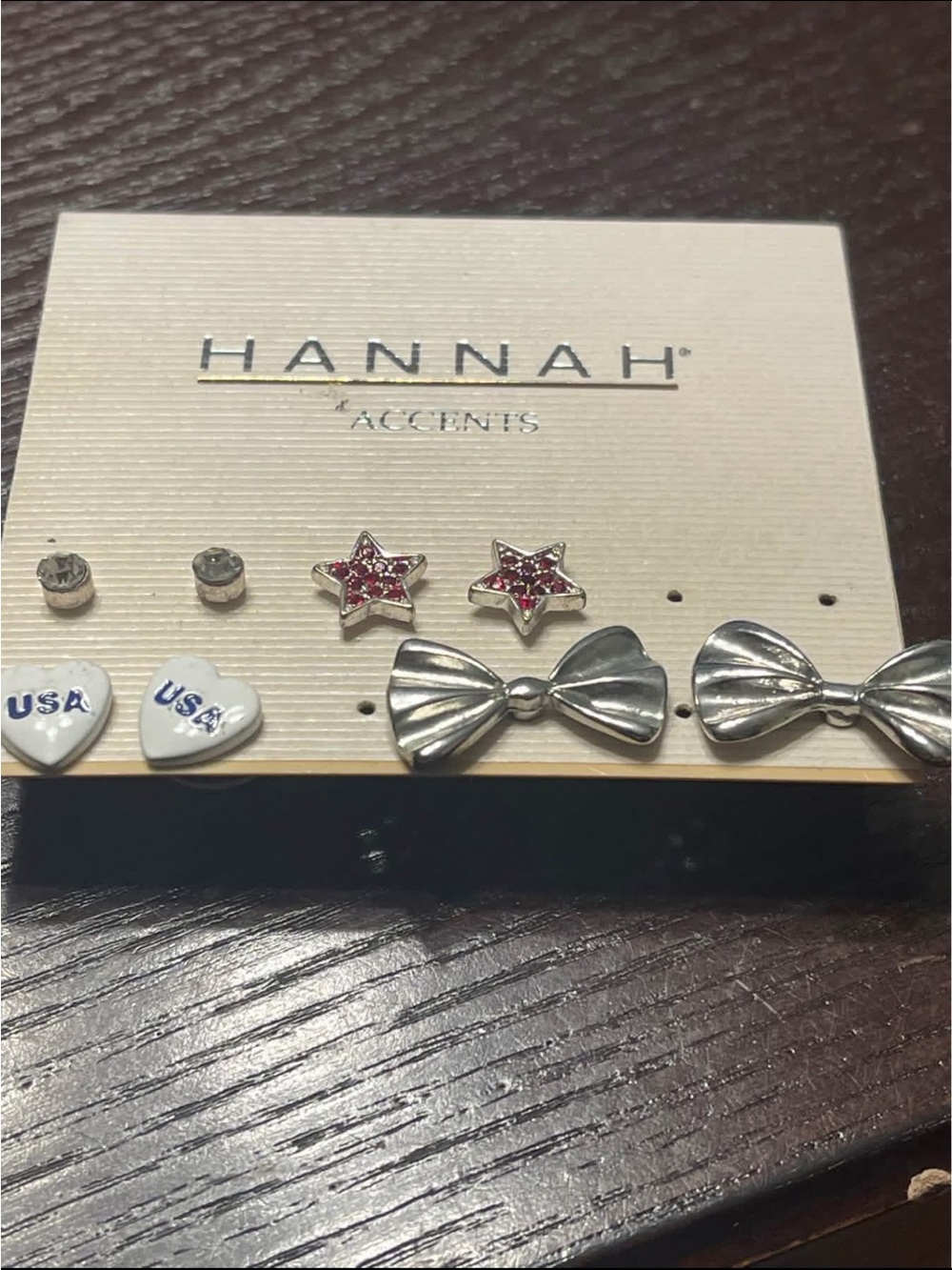 Hannah Kids Silver Bow, Pink Star & White USA Heart Earring Set